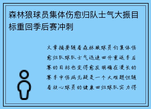 森林狼球员集体伤愈归队士气大振目标重回季后赛冲刺 森林狼球员集体伤愈归队士气大振目标重回季后赛冲刺