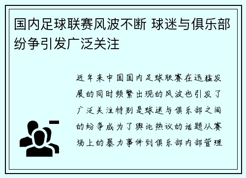国内足球联赛风波不断 球迷与俱乐部纷争引发广泛关注