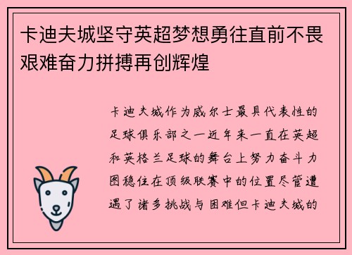 卡迪夫城坚守英超梦想勇往直前不畏艰难奋力拼搏再创辉煌