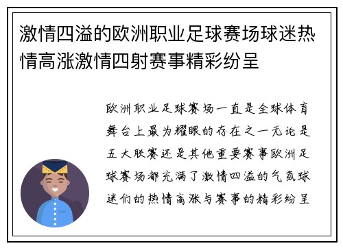 激情四溢的欧洲职业足球赛场球迷热情高涨激情四射赛事精彩纷呈
